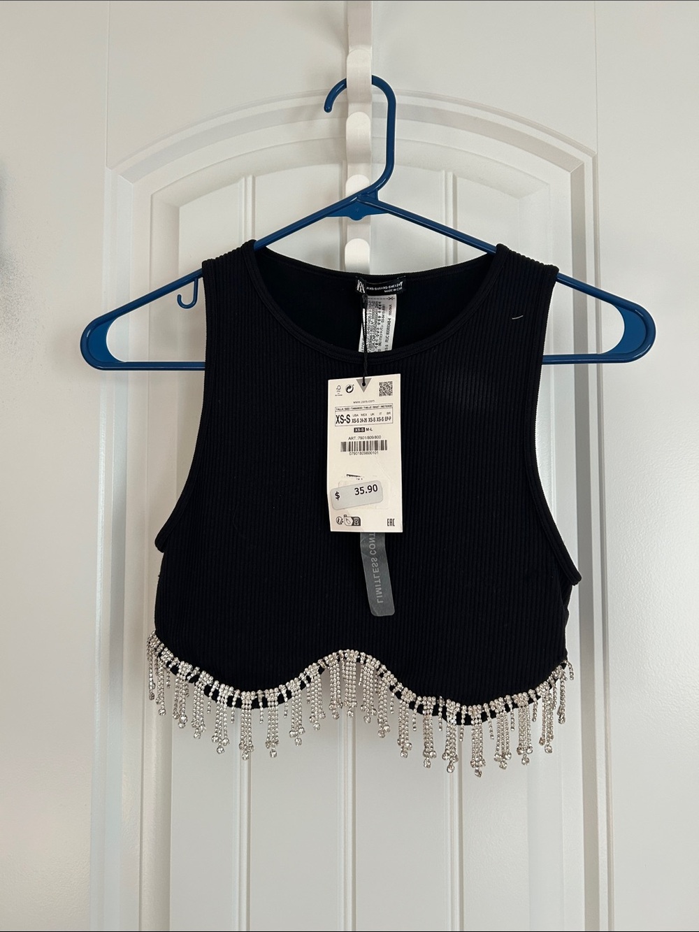 Zara Black Ribbed Crop Top with Silver Beaded Fringe